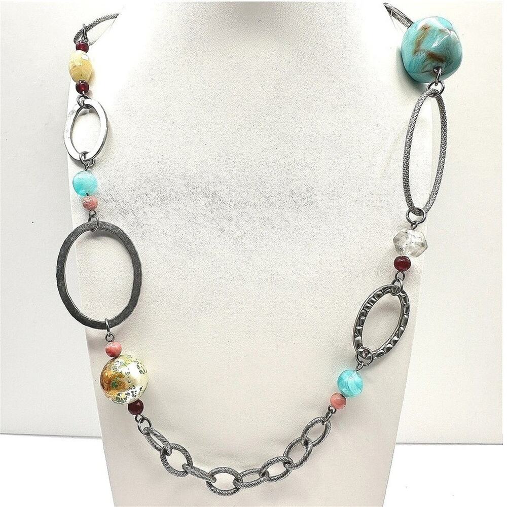 Vintage 90s Boho Multi-Color Stones Chunky Bead Chain Necklace Women's Jewelry